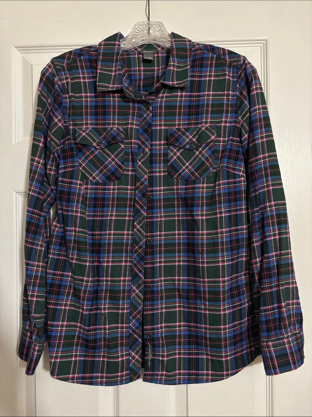 Eddie Bauer Green Plaid Button-Down Shirt with Blue and Pink Accents